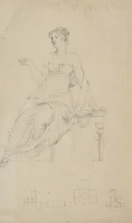 Woman Seated on a Bench and Four Floor Plans